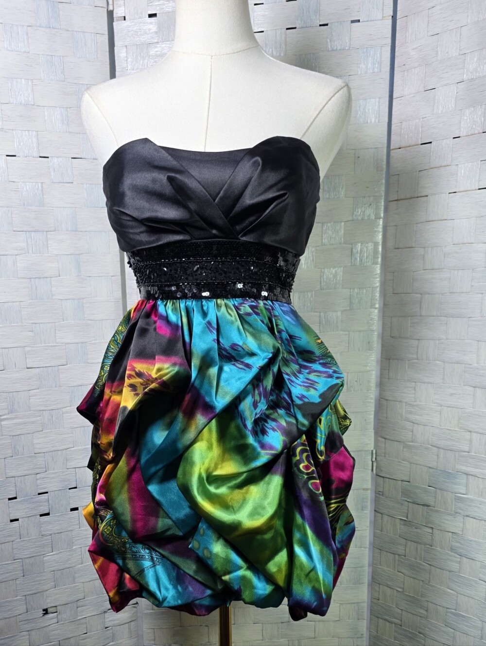 Y2K Strapless Black & Multicolor Bubble Hem Cocktail Dress